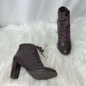 Antonio Melani Burgundy Leather Lace Up Leather Stack Heel Ankle Boots Sz 9.5